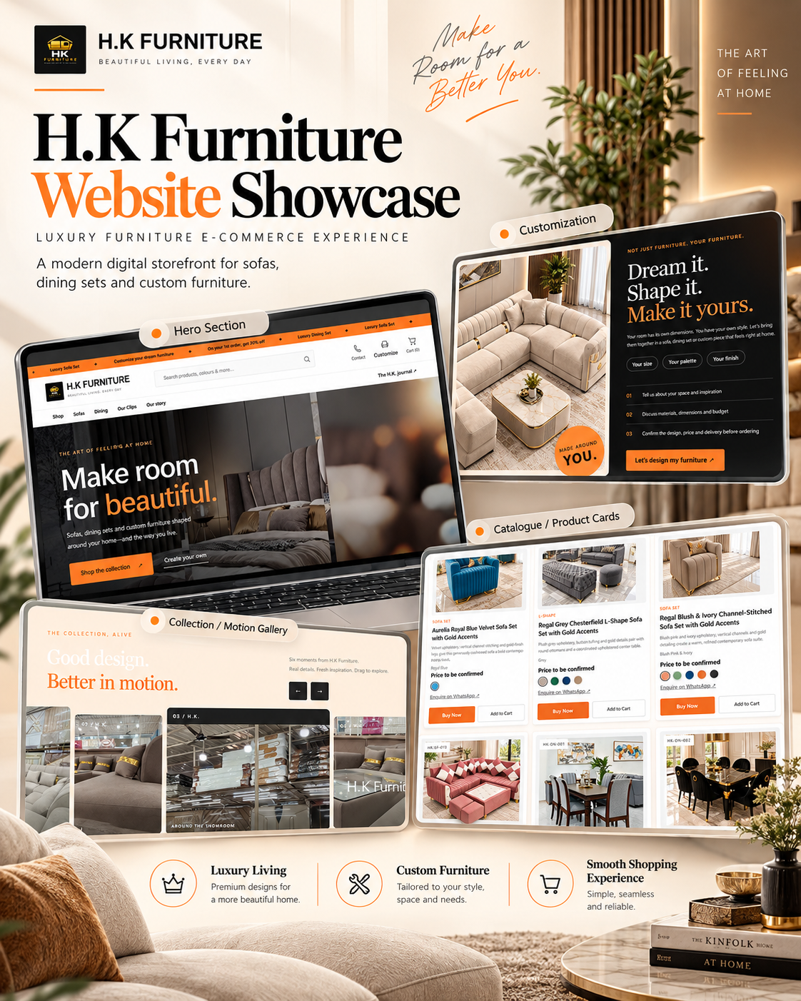 H.K. Furniture website showcase with homepage, custom furniture and product collection layouts