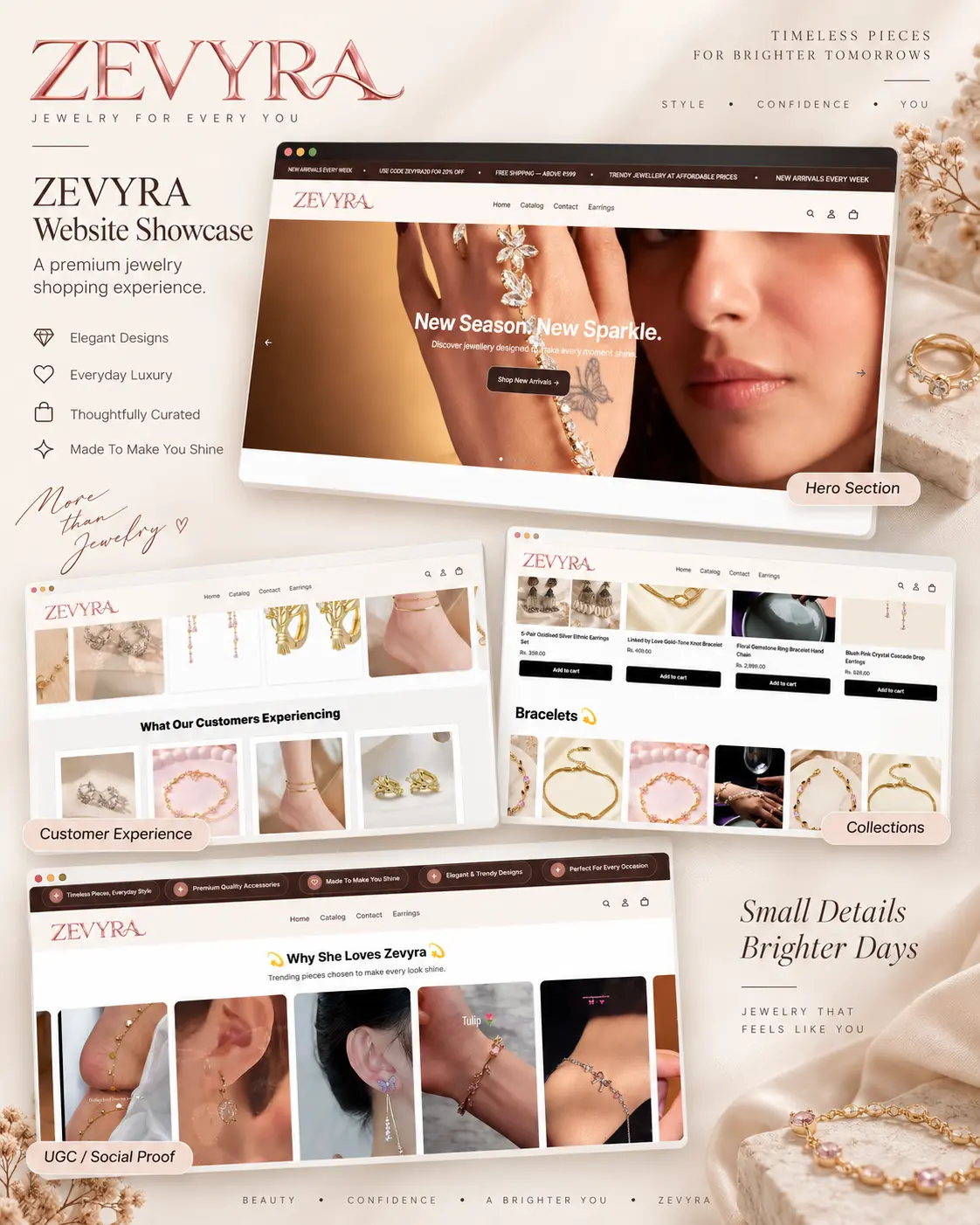 Zevyra jewellery Shopify store showcase featuring products and collections