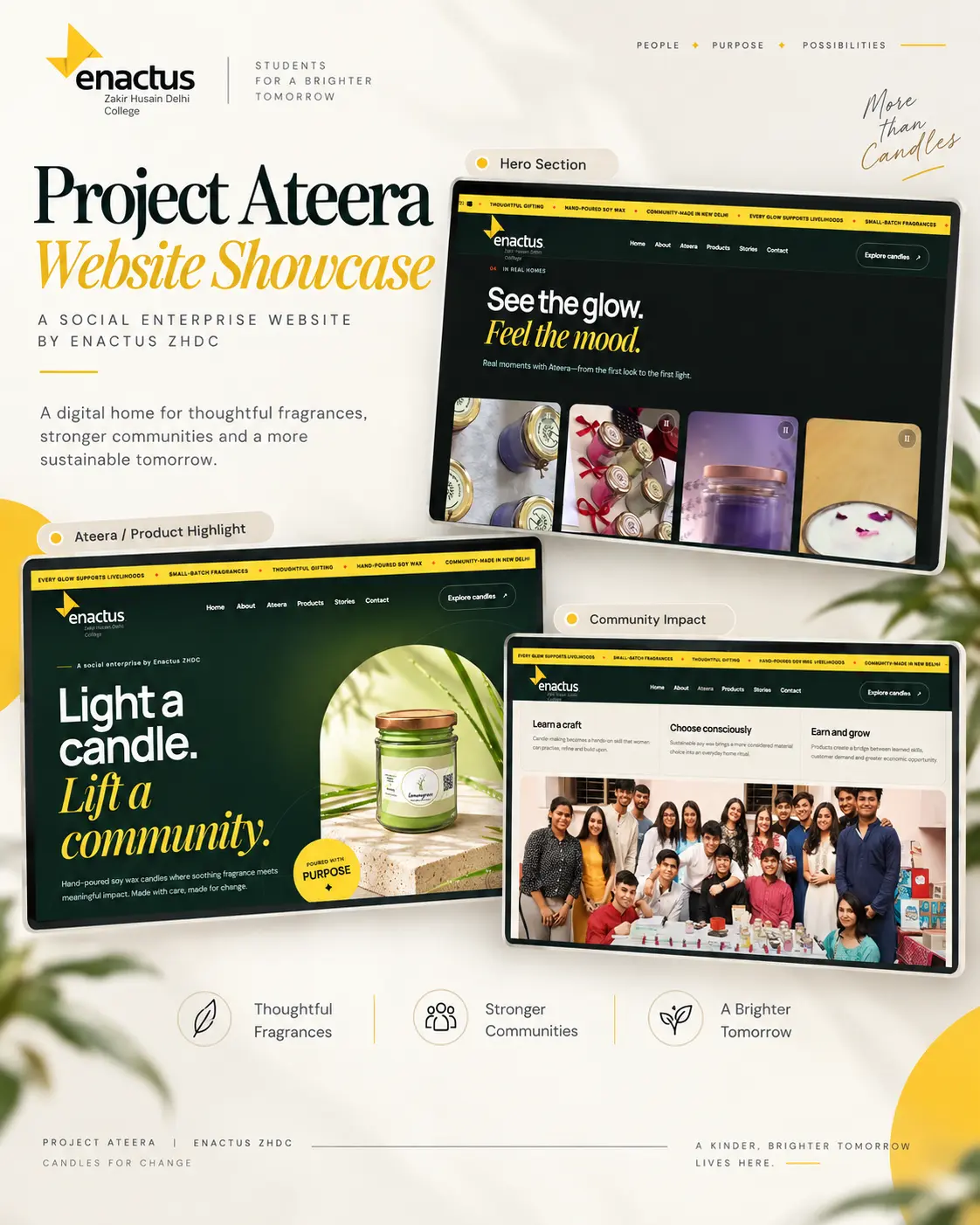 Enactus ZHDC Ateera website showcase featuring candles and community impact